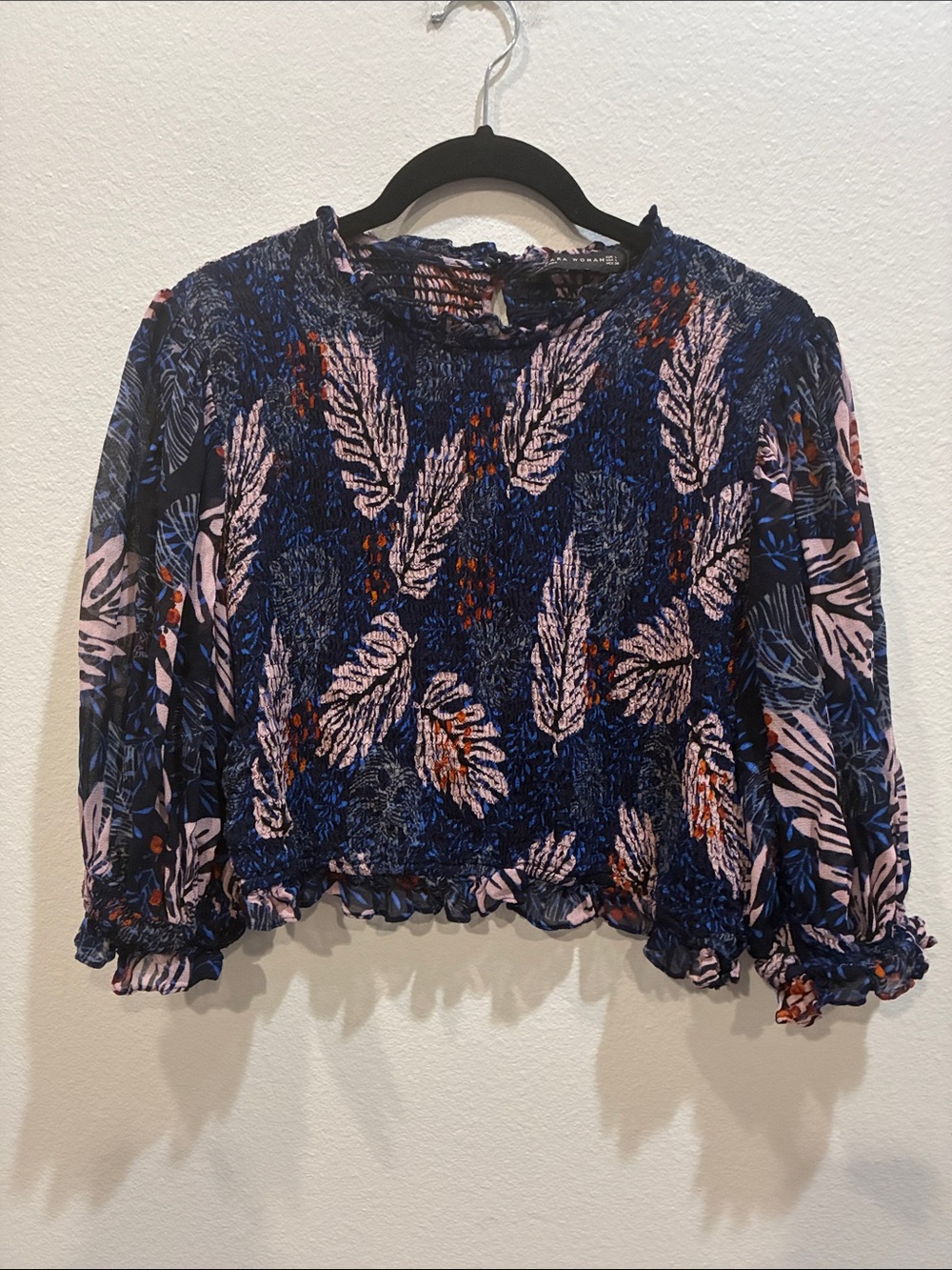 Zara Navy Blue Floral Smocked Crop Top with Pink & Rust Accents